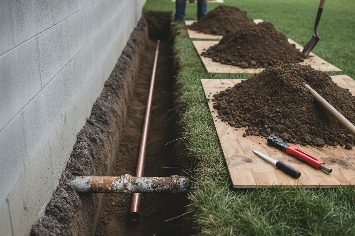 Excavated water line trench during Sewer Line Repair in Randsburg